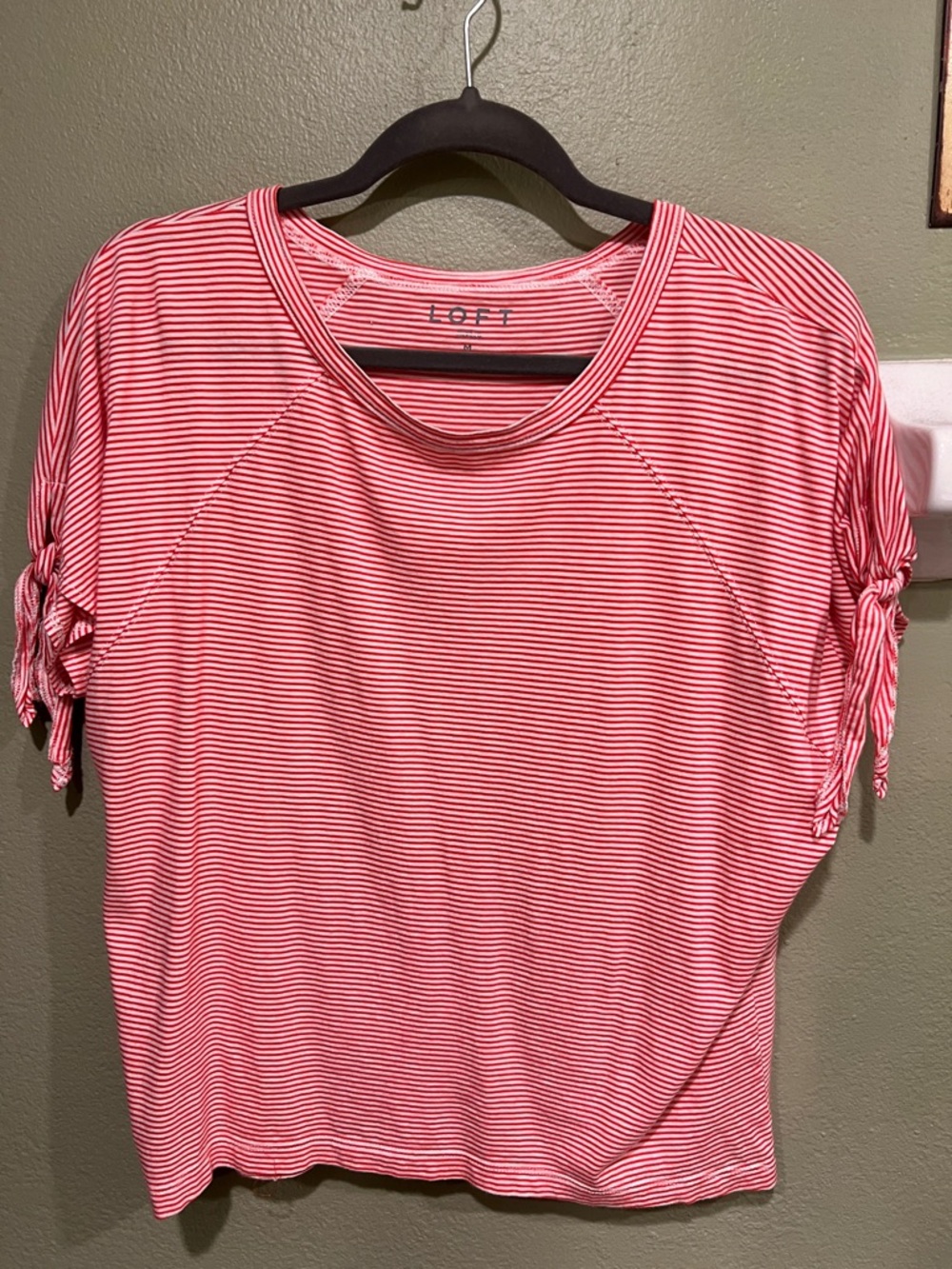 LOFT Red & White Striped Tie-Sleeve Short Sleeve Top